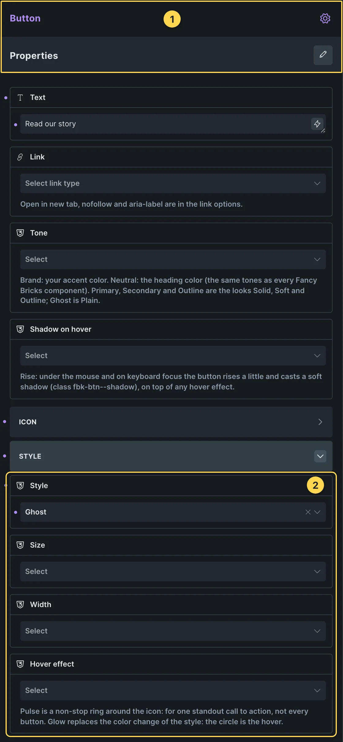 This template's own component, with its Style group open.