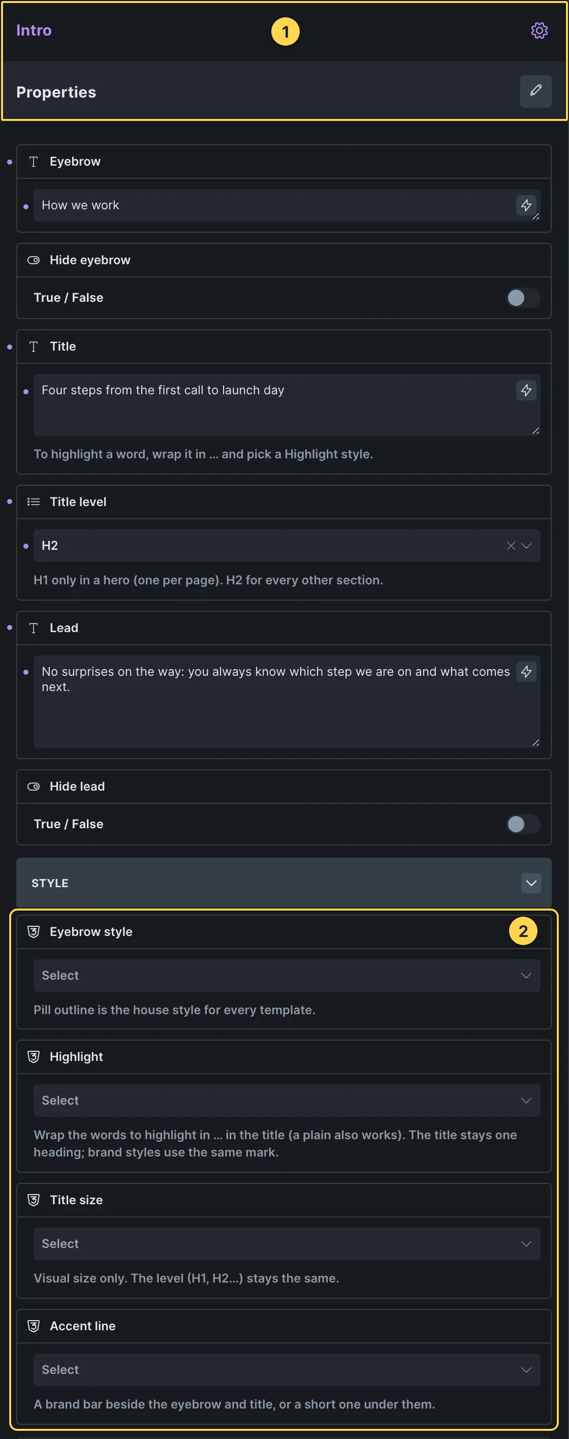 This template's own component, with its Style group open.