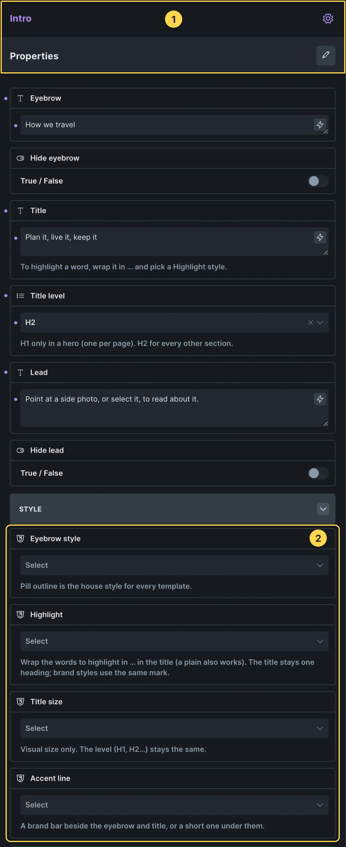 This template's own component, with its Style group open.