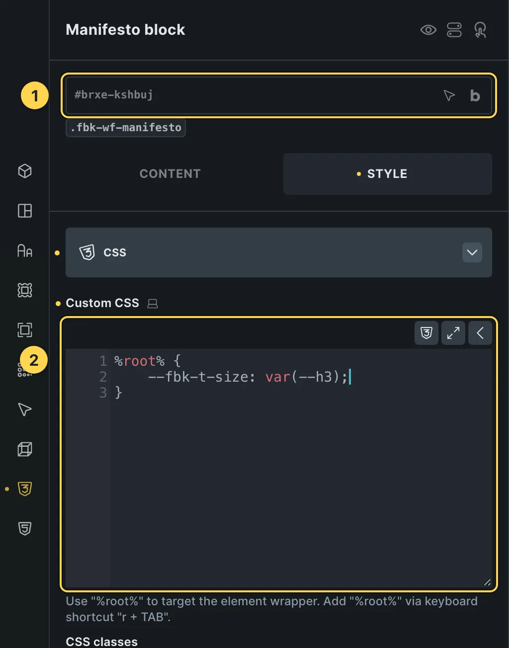 The Custom CSS field of this template's own element, with one of its variables as a real example.