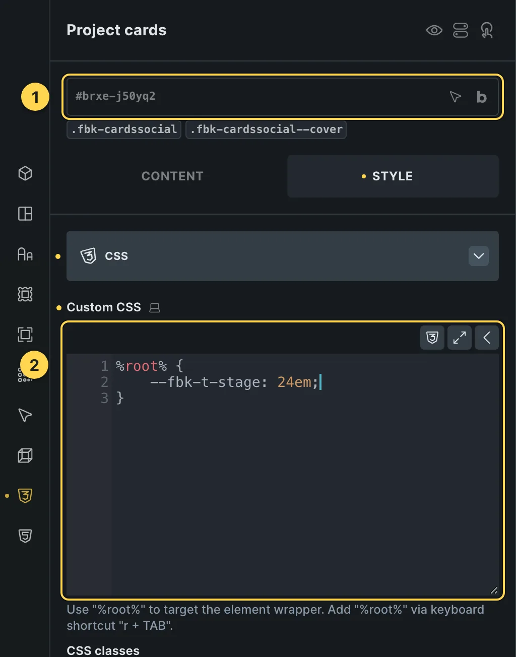 The Custom CSS field of this template's own element, with one of its variables as a real example.