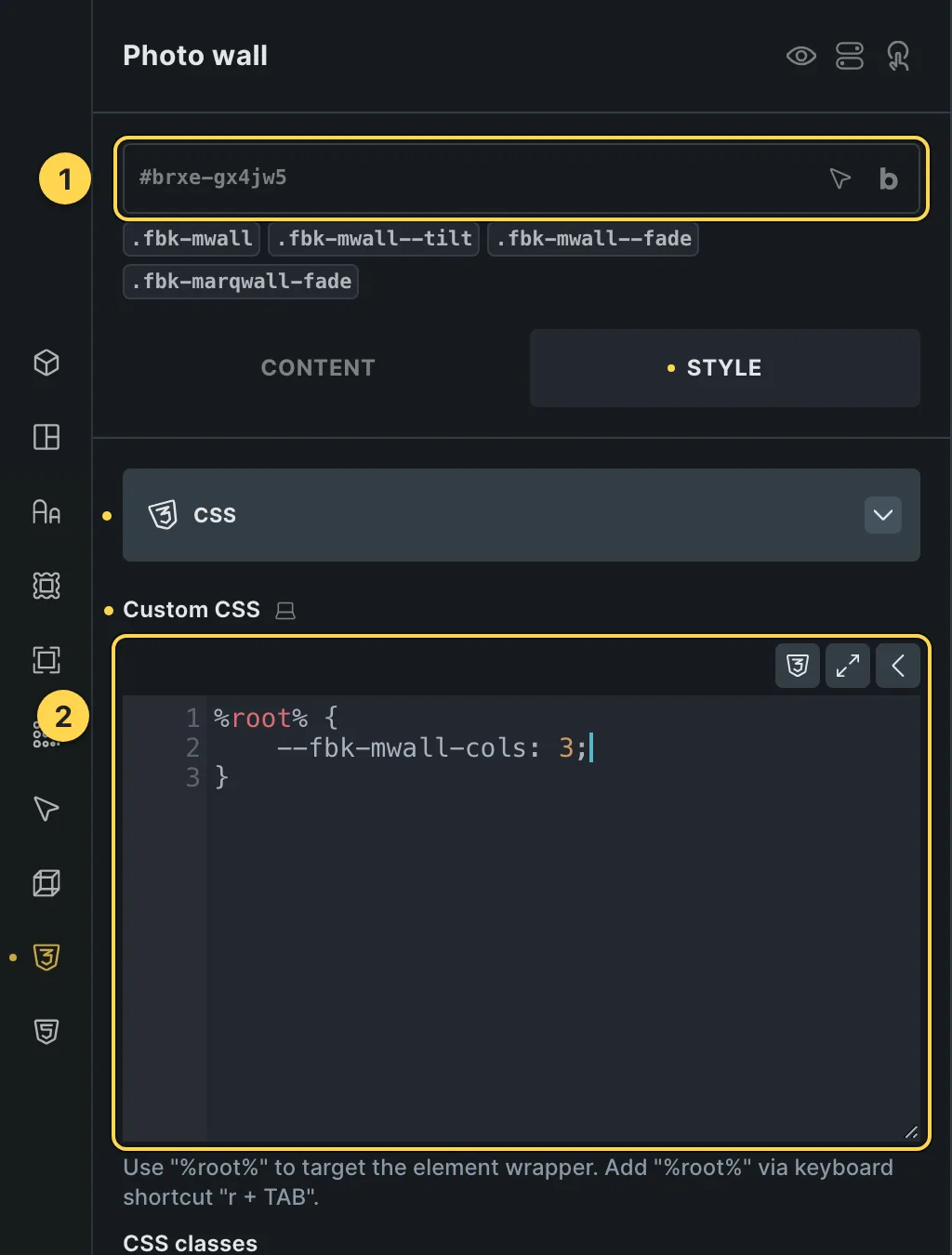 The Custom CSS field of this template's own element, with one of its variables as a real example.