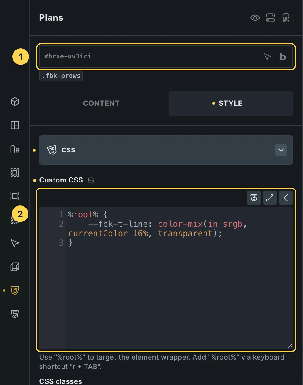 The Custom CSS field of this template's own element, with one of its variables as a real example.