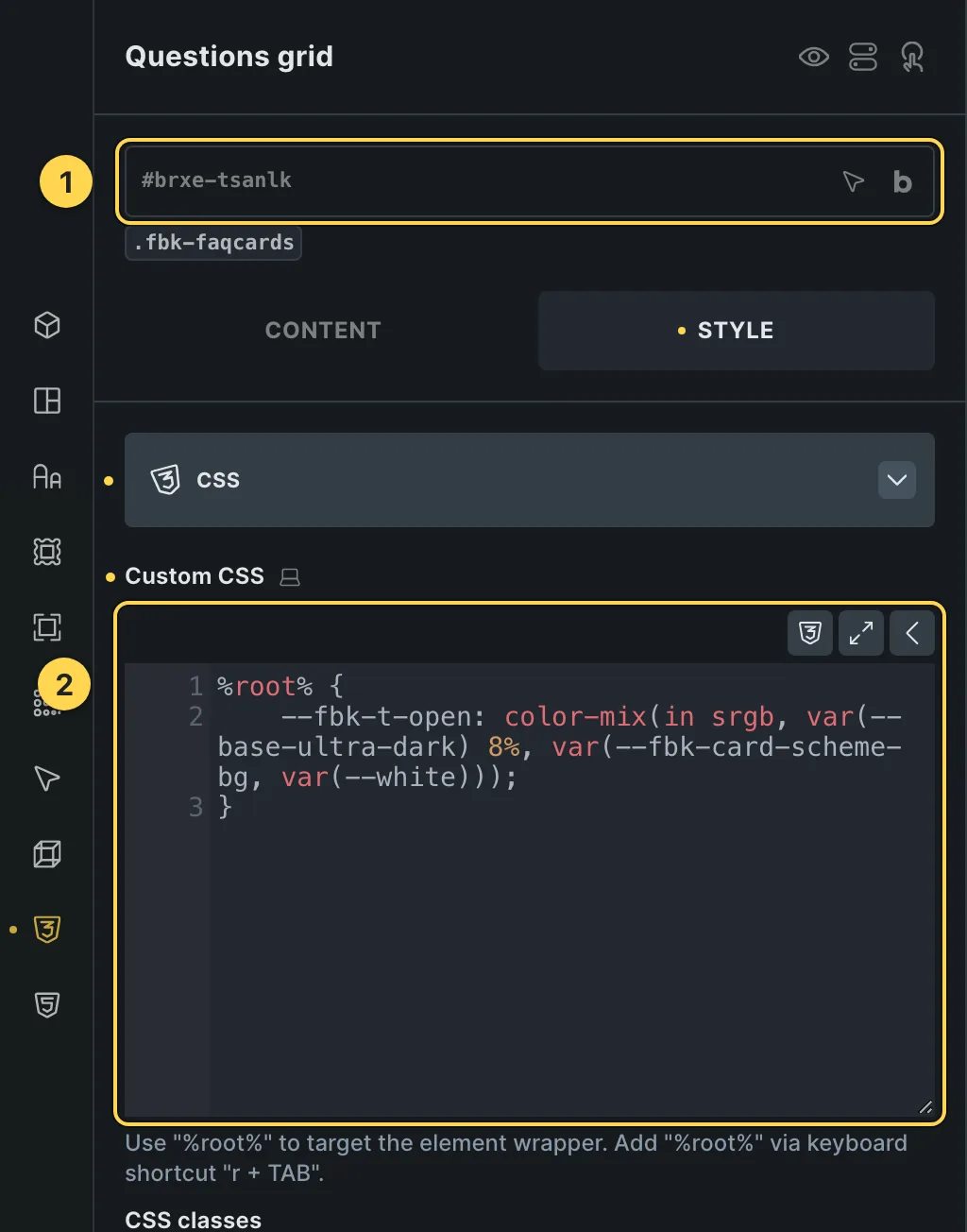 The Custom CSS field of this template's own element, with one of its variables as a real example.