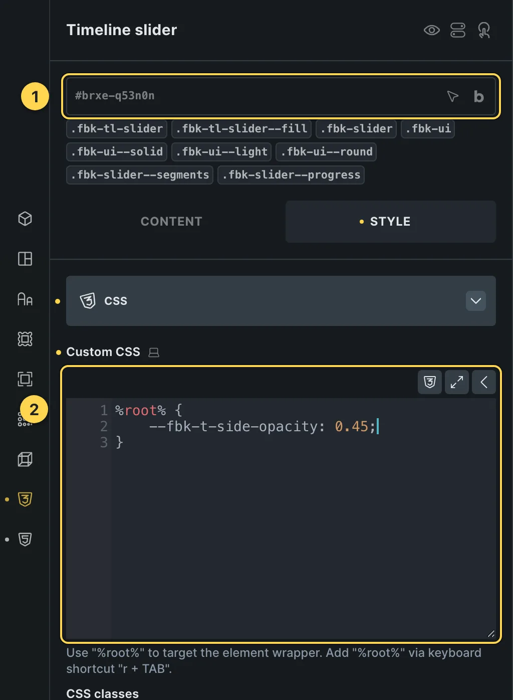 The Custom CSS field of this template's own element, with one of its variables as a real example.