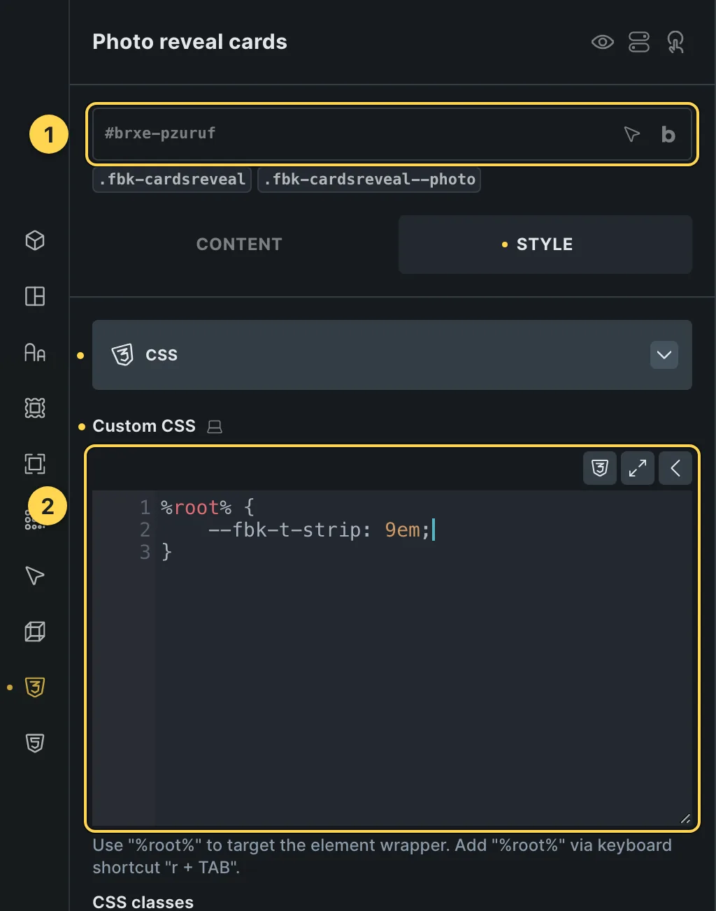 The Custom CSS field of this template's own element, with one of its variables as a real example.