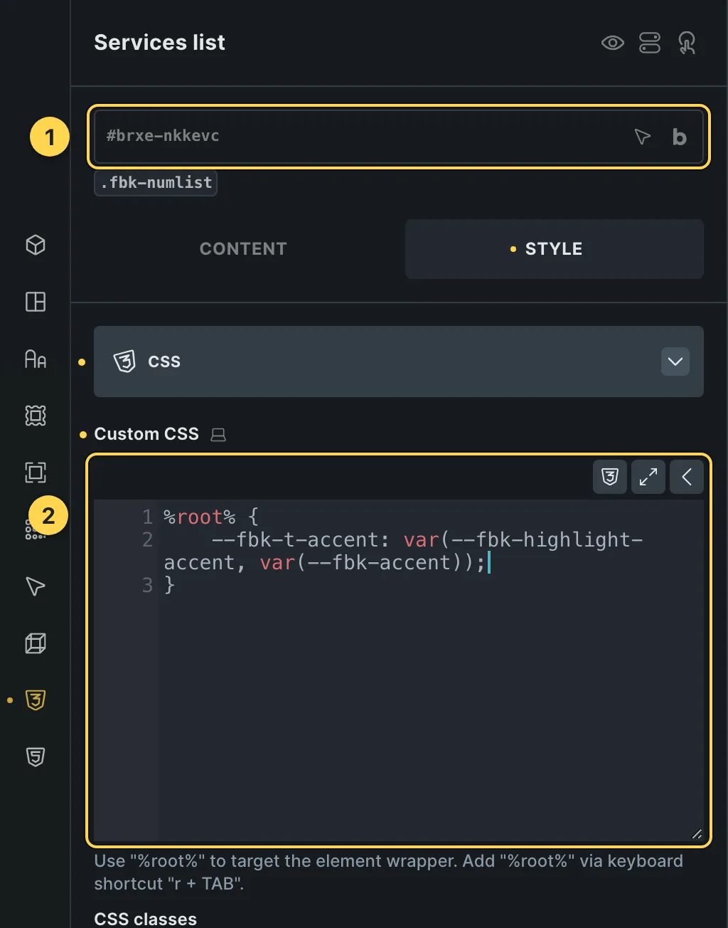 The Custom CSS field of this template's own element, with one of its variables as a real example.