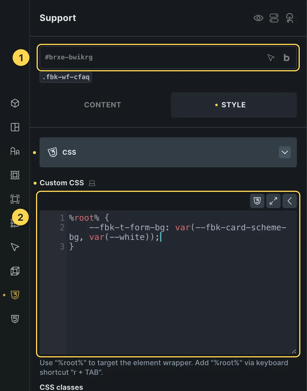 The Custom CSS field of this template's own element, with one of its variables as a real example.