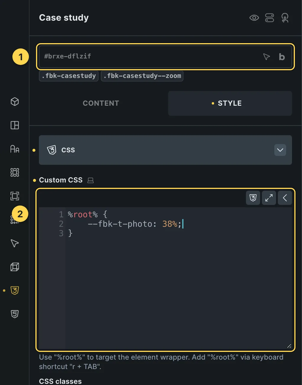 The Custom CSS field of this template's own element, with one of its variables as a real example.