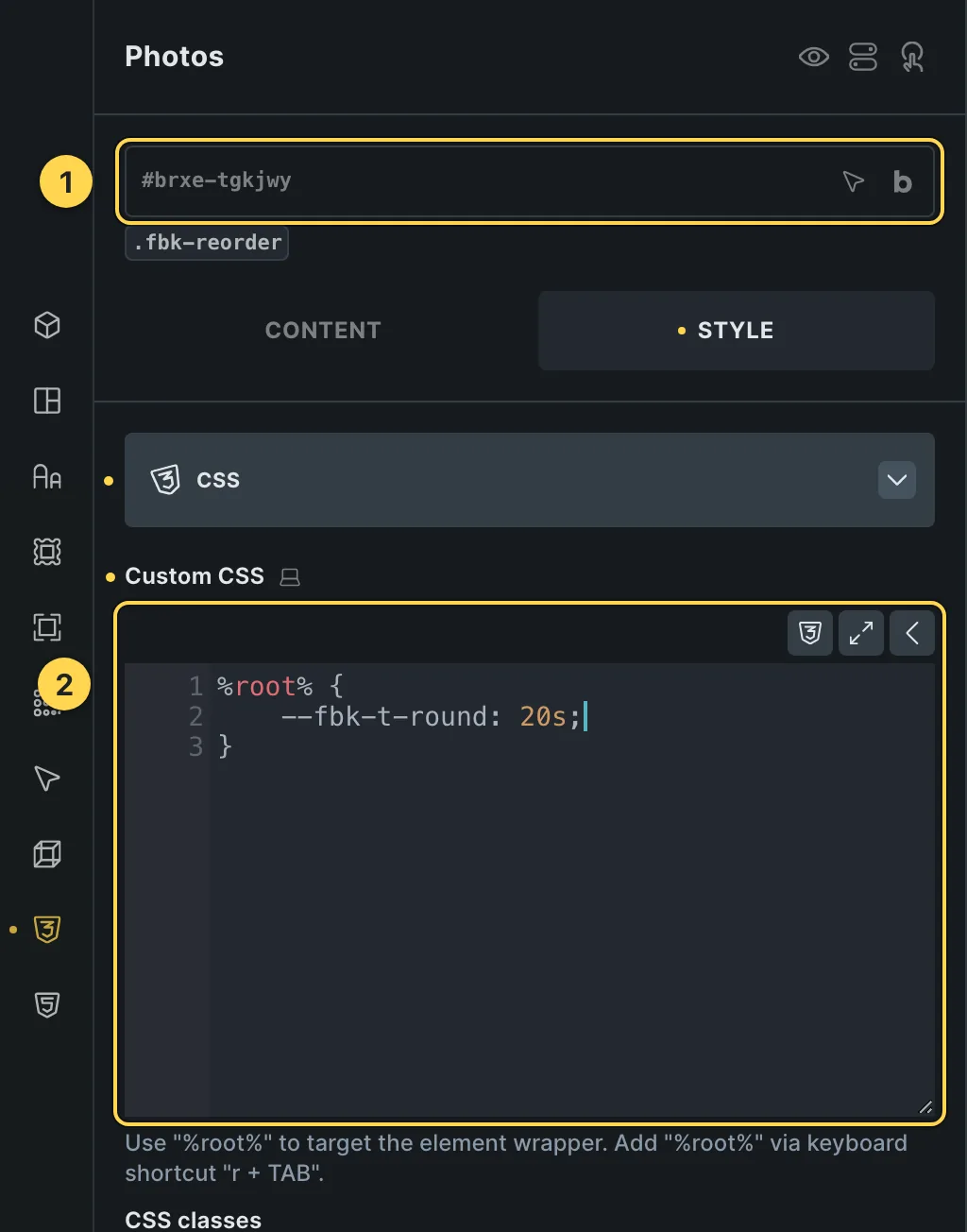 The Custom CSS field of this template's own element, with one of its variables as a real example.