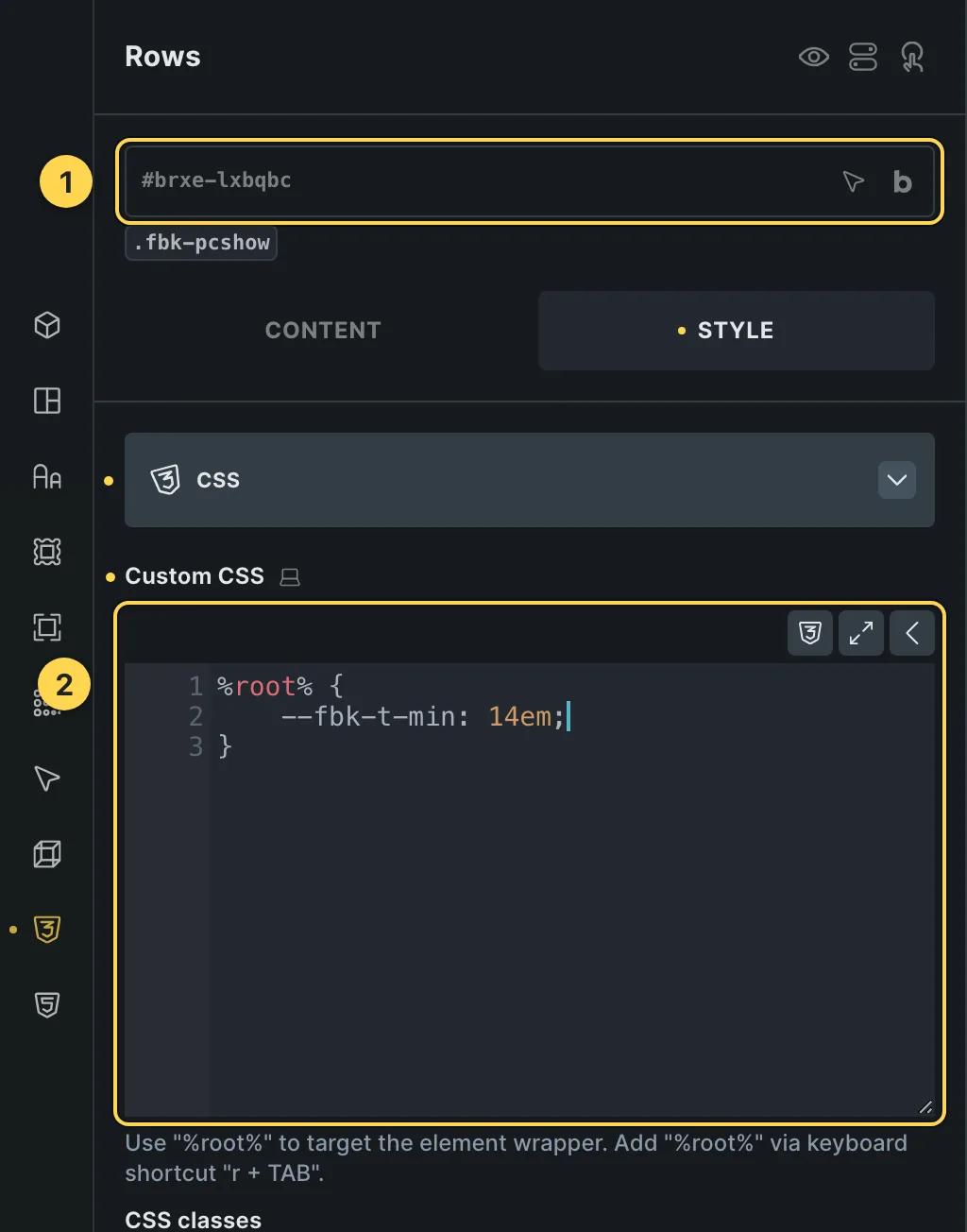 The Custom CSS field of this template's own element, with one of its variables as a real example.