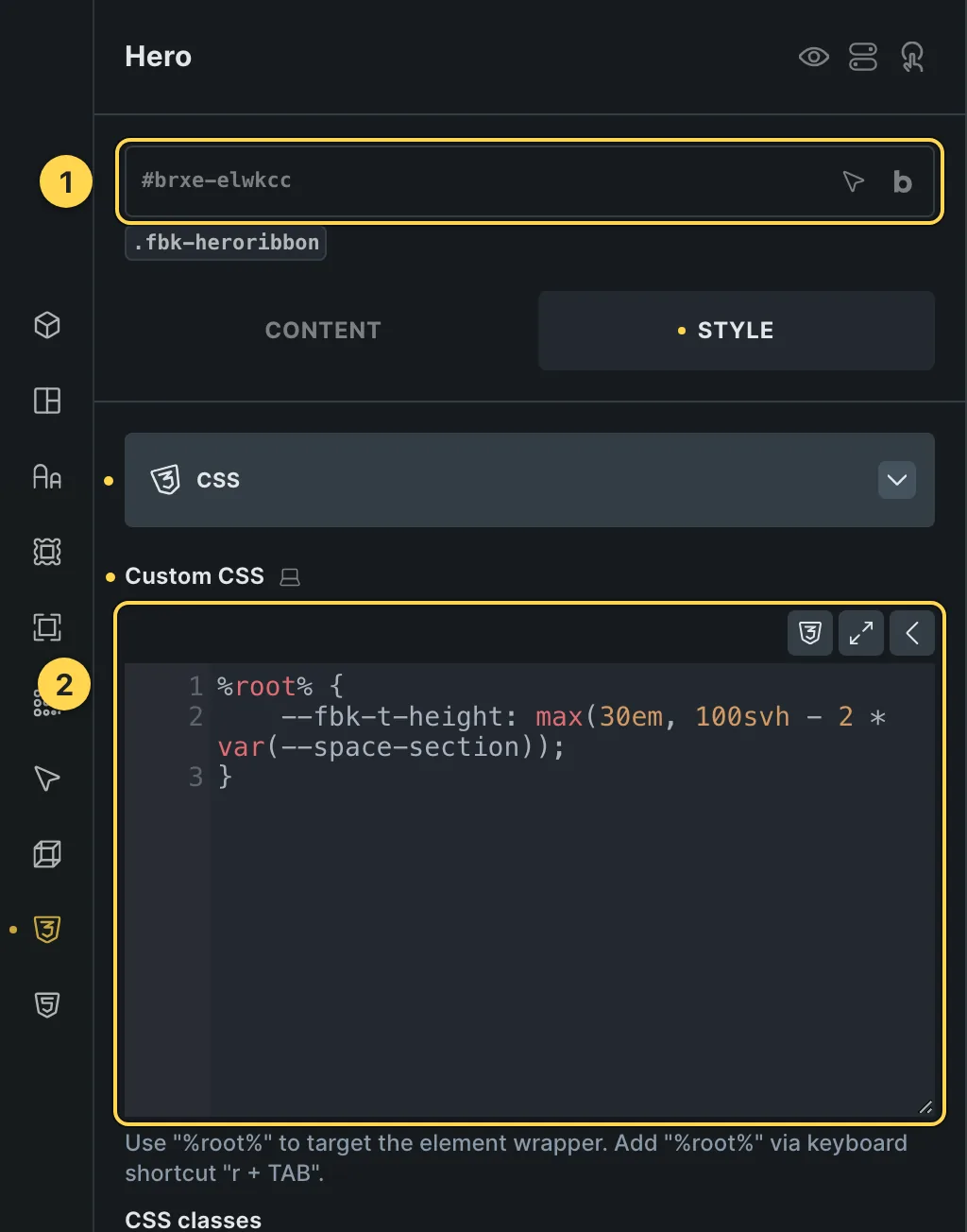 The Custom CSS field of this template's own element, with one of its variables as a real example.