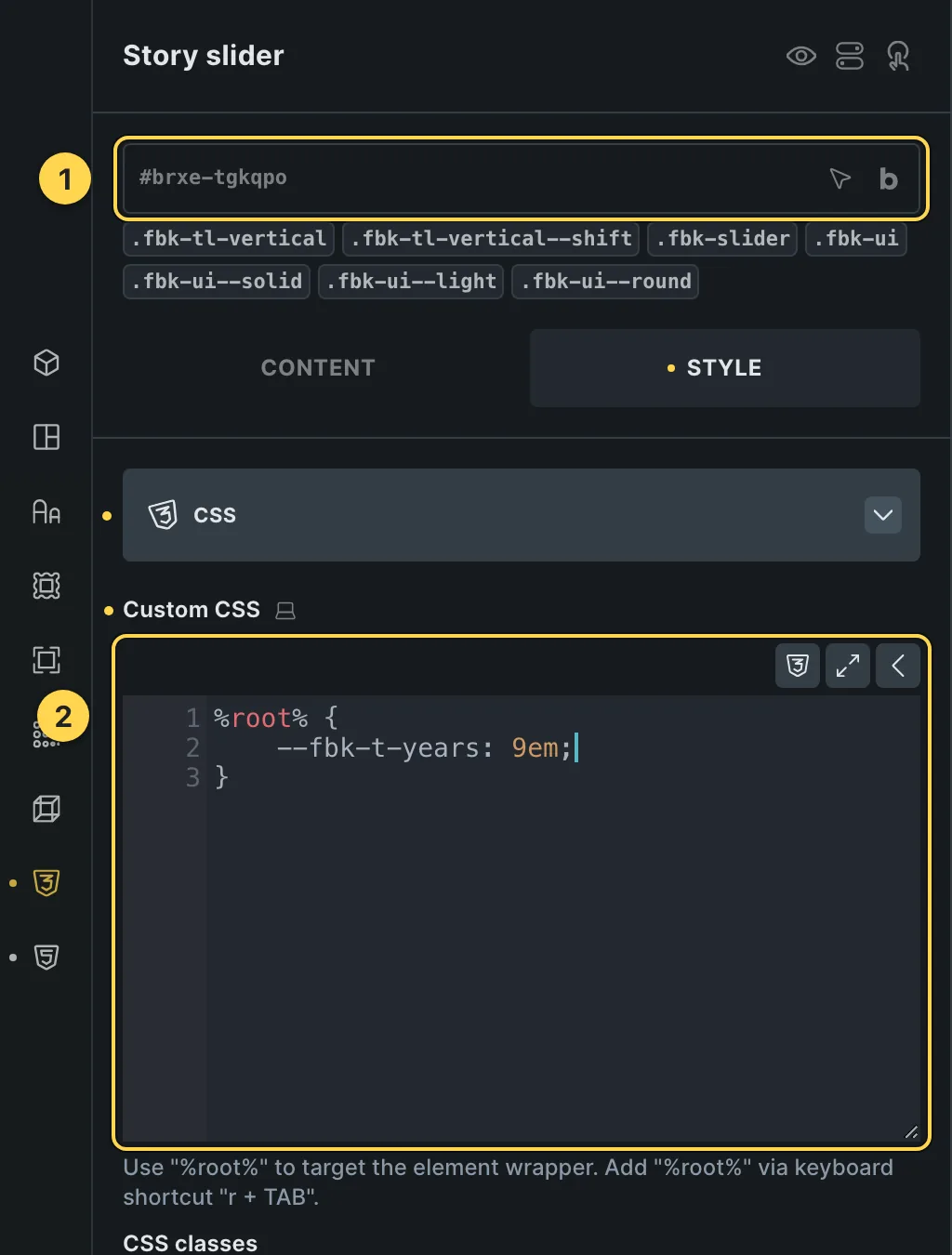 The Custom CSS field of this template's own element, with one of its variables as a real example.