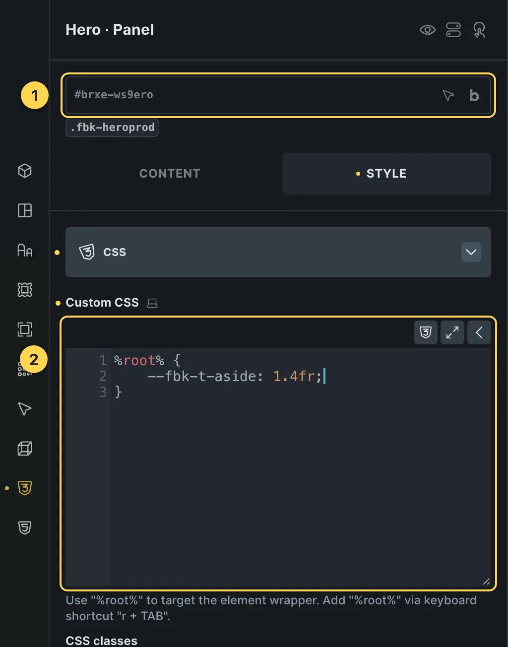 The Custom CSS field of this template's own element, with one of its variables as a real example.
