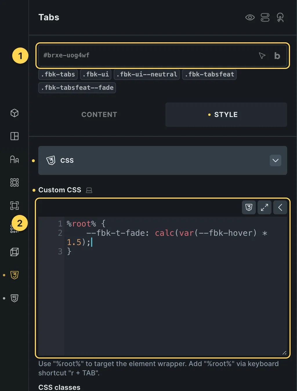 The Custom CSS field of this template's own element, with one of its variables as a real example.