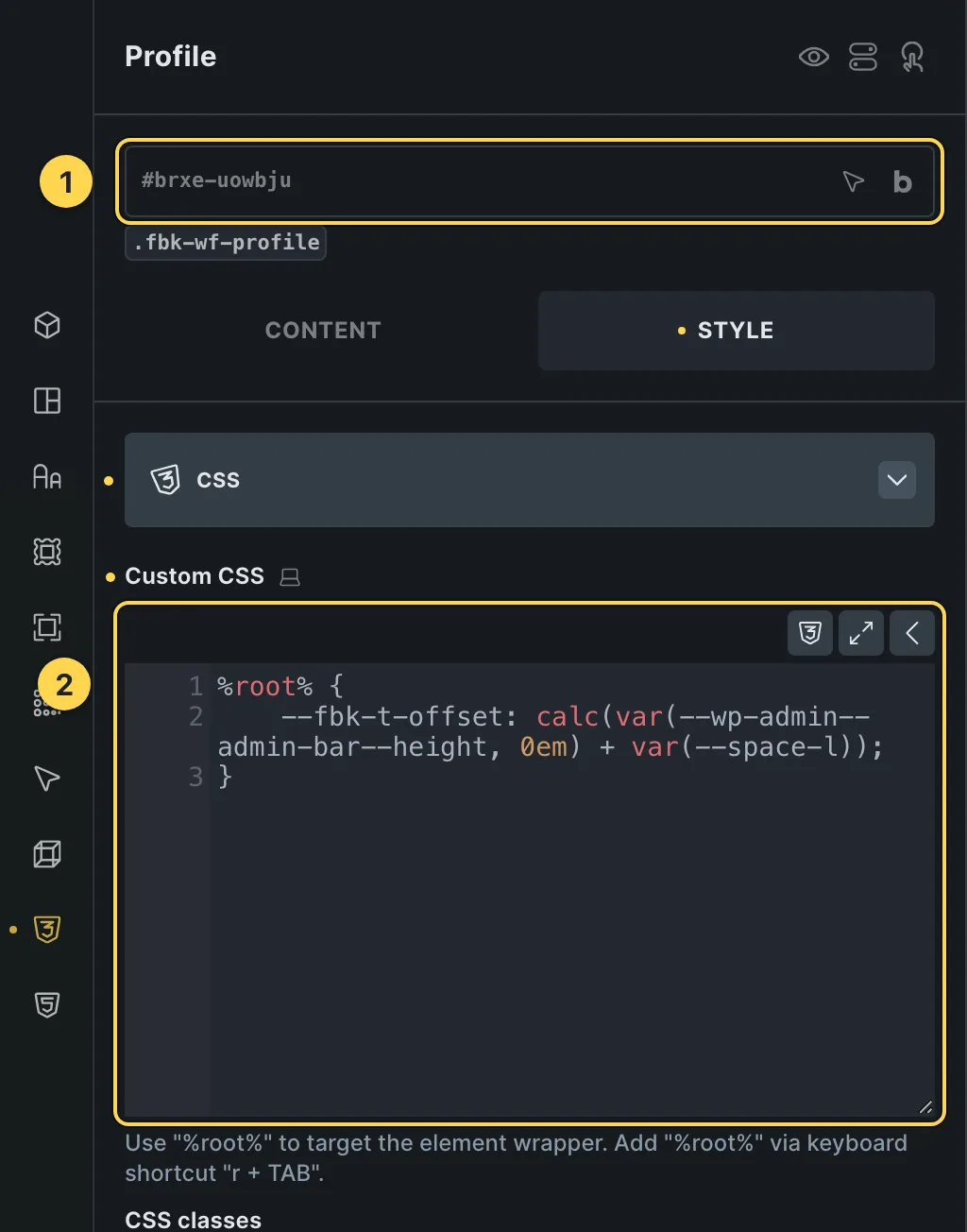 The Custom CSS field of this template's own element, with one of its variables as a real example.