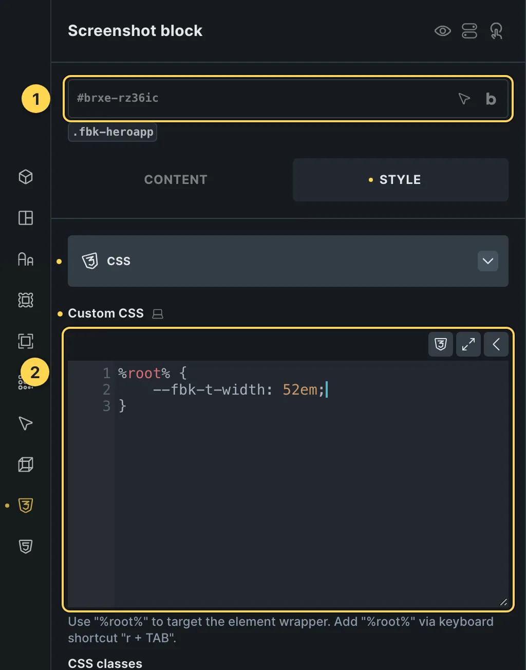 The Custom CSS field of this template's own element, with one of its variables as a real example.