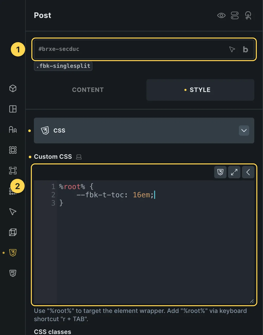 The Custom CSS field of this template's own element, with one of its variables as a real example.