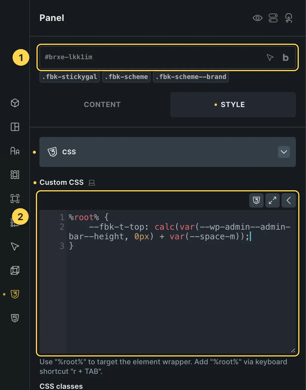 The Custom CSS field of this template's own element, with one of its variables as a real example.