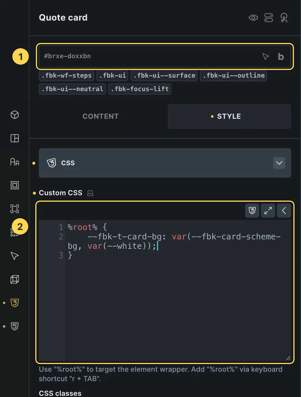 The Custom CSS field of this template's own element, with one of its variables as a real example.