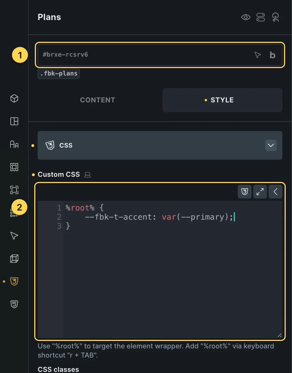 The Custom CSS field of this template's own element, with one of its variables as a real example.