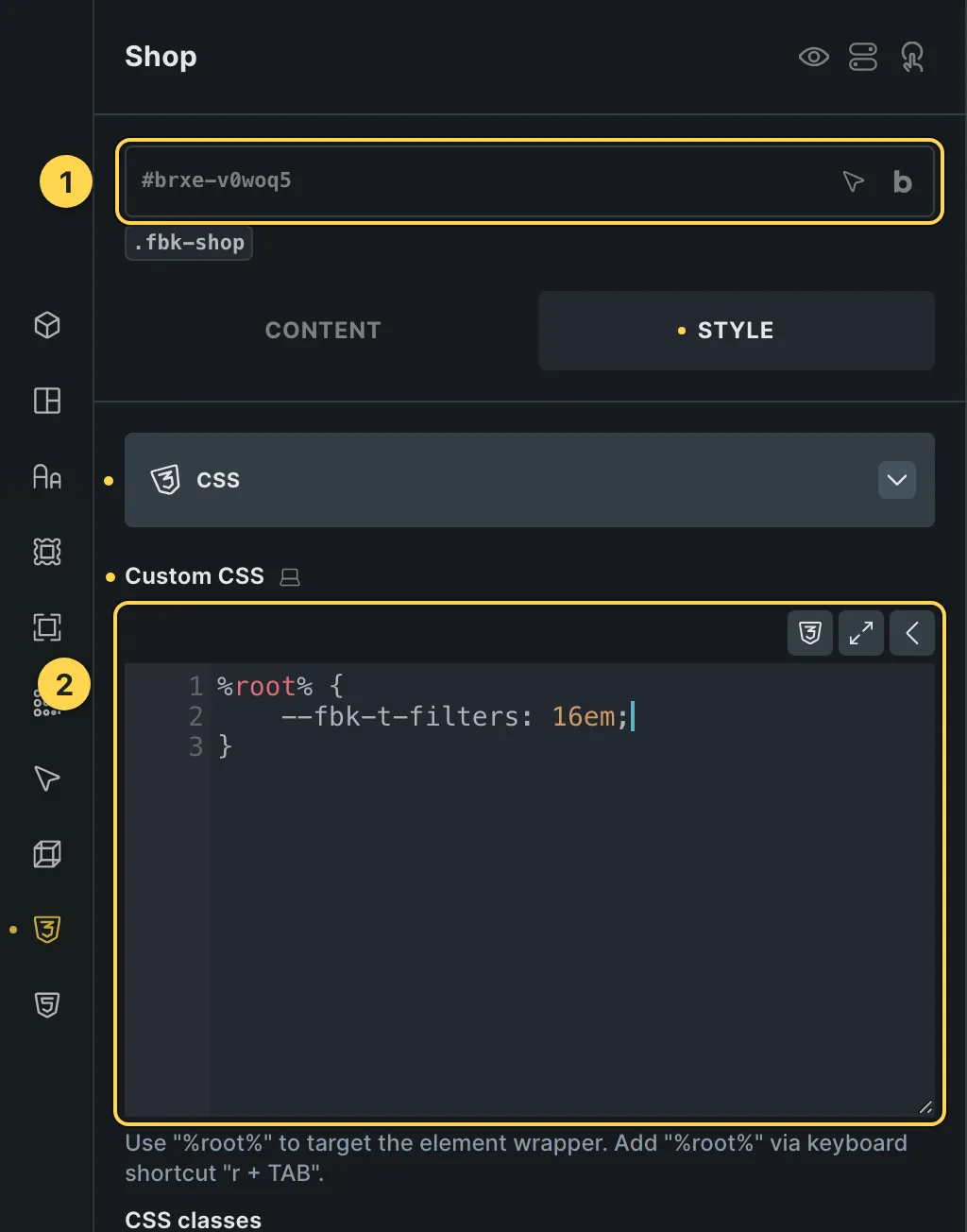The Custom CSS field of this template's own element, with one of its variables as a real example.