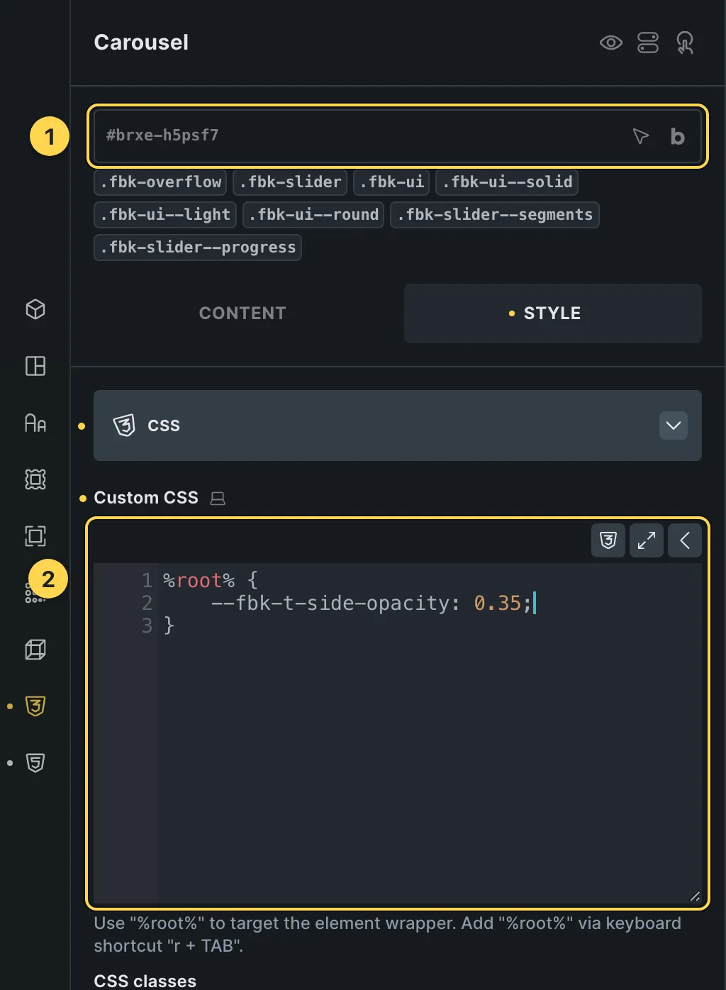 The Custom CSS field of this template's own element, with one of its variables as a real example.