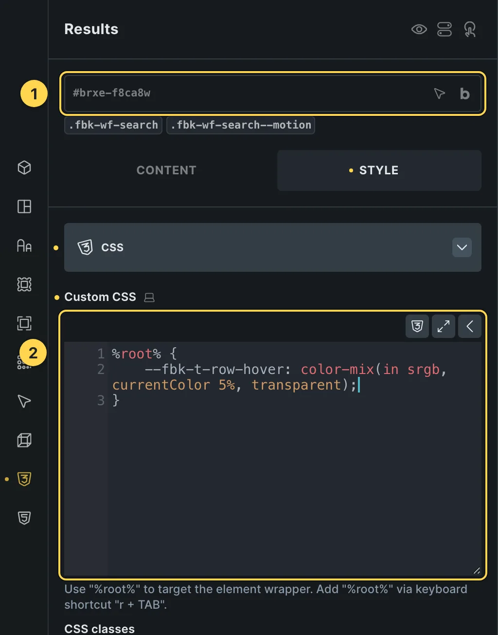 The Custom CSS field of this template's own element, with one of its variables as a real example.