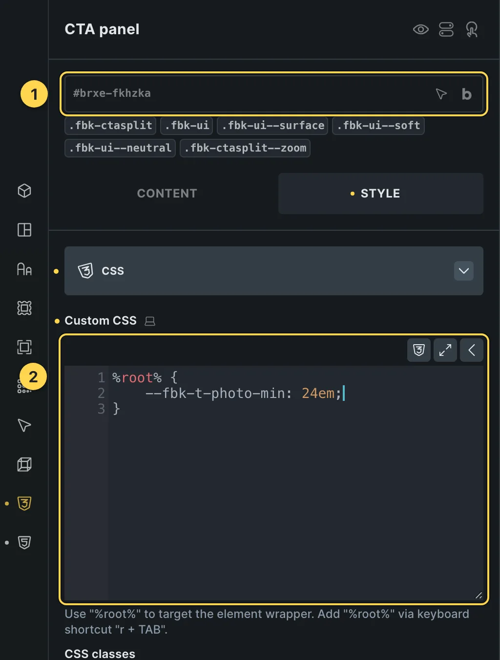The Custom CSS field of this template's own element, with one of its variables as a real example.