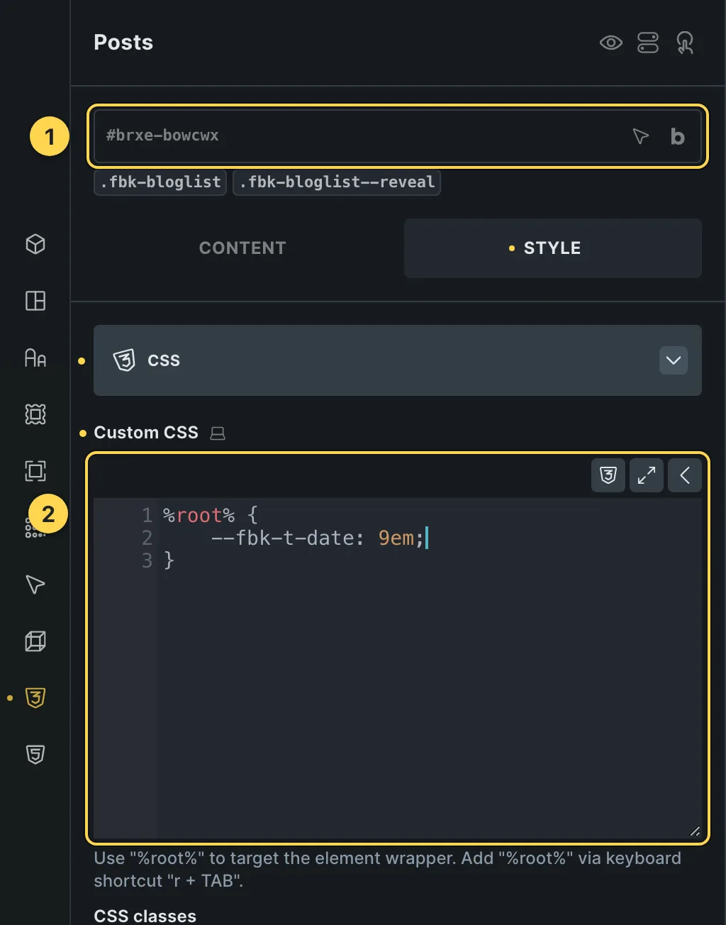 The Custom CSS field of this template's own element, with one of its variables as a real example.
