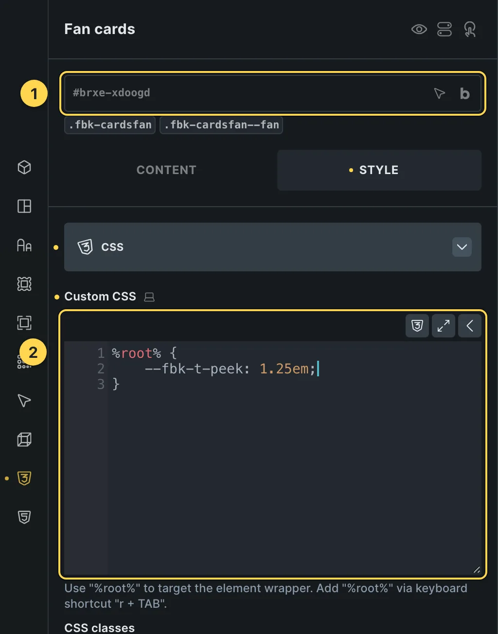 The Custom CSS field of this template's own element, with one of its variables as a real example.