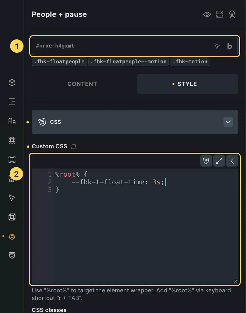 The Custom CSS field of this template's own element, with one of its variables as a real example.