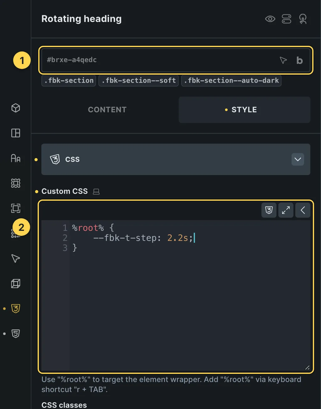 The Custom CSS field of this template's own element, with one of its variables as a real example.