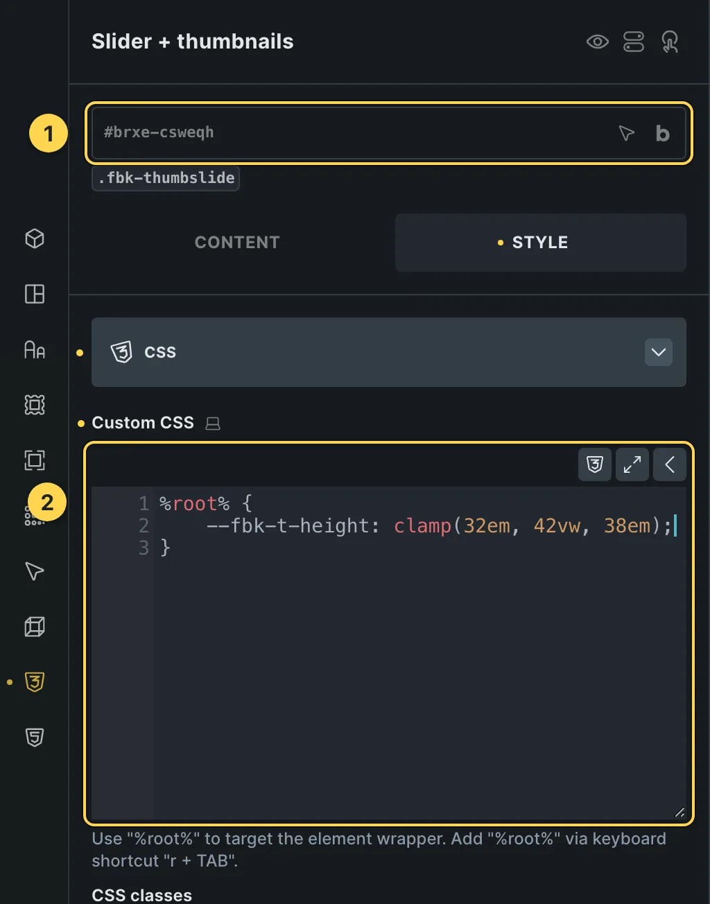 The Custom CSS field of this template's own element, with one of its variables as a real example.