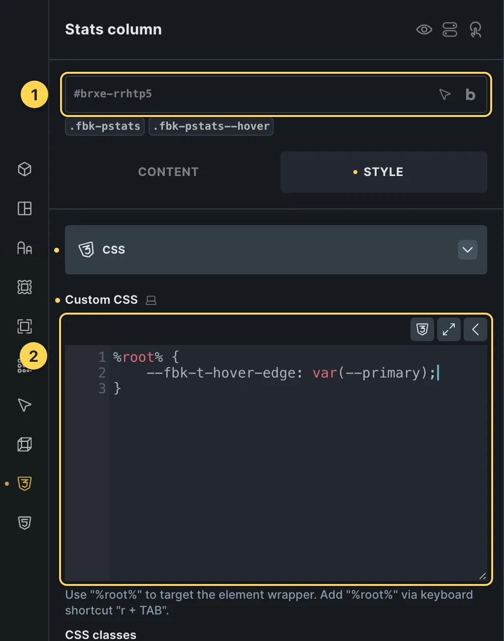 The Custom CSS field of this template's own element, with one of its variables as a real example.