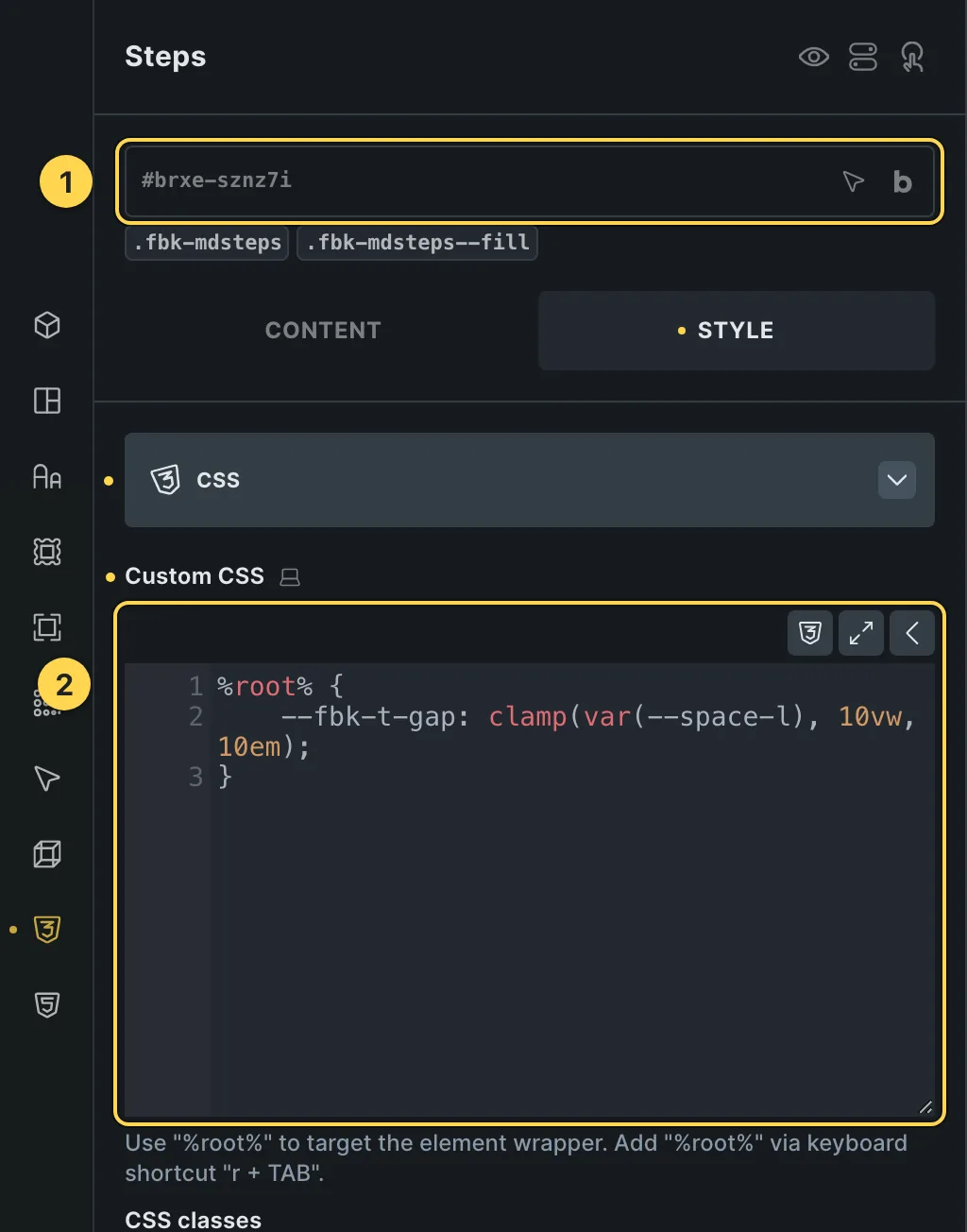 The Custom CSS field of this template's own element, with one of its variables as a real example.