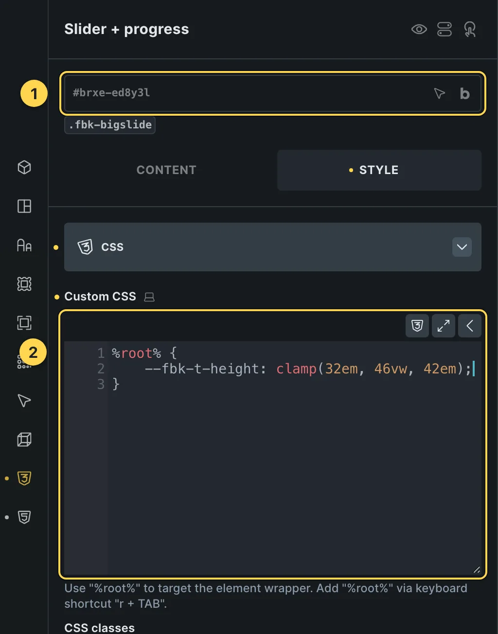 The Custom CSS field of this template's own element, with one of its variables as a real example.