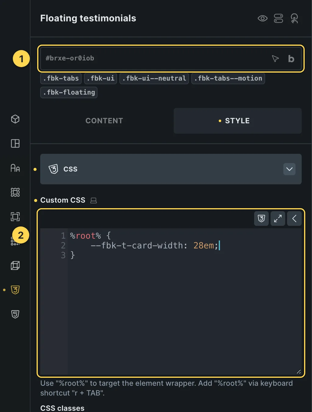 The Custom CSS field of this template's own element, with one of its variables as a real example.