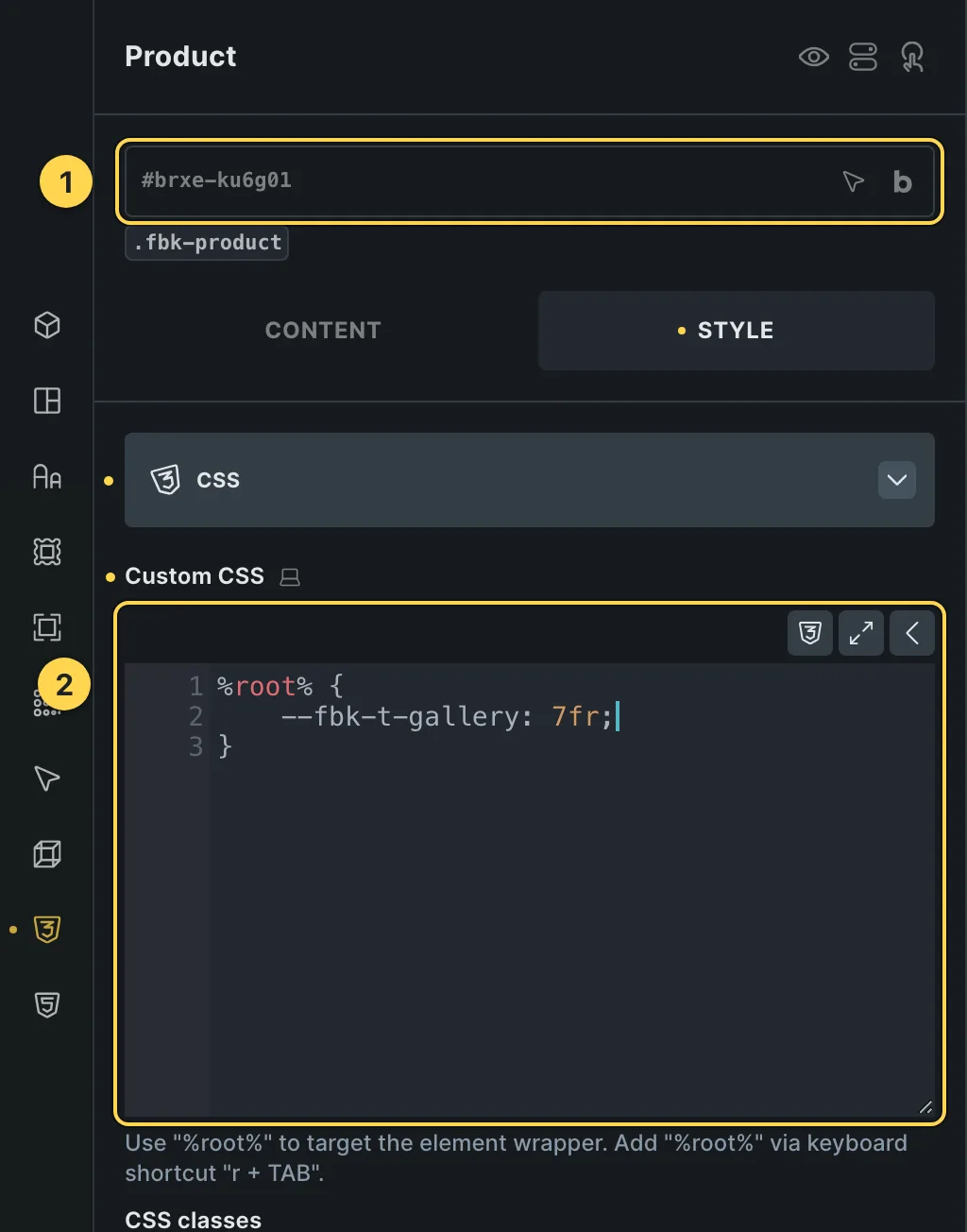 The Custom CSS field of this template's own element, with one of its variables as a real example.
