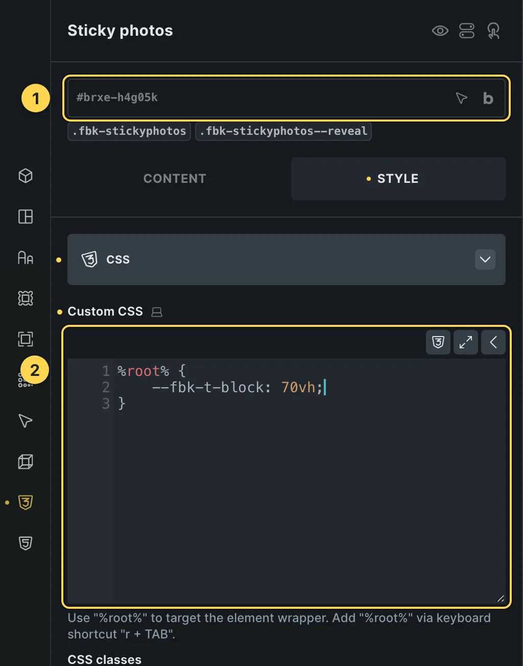 The Custom CSS field of this template's own element, with one of its variables as a real example.