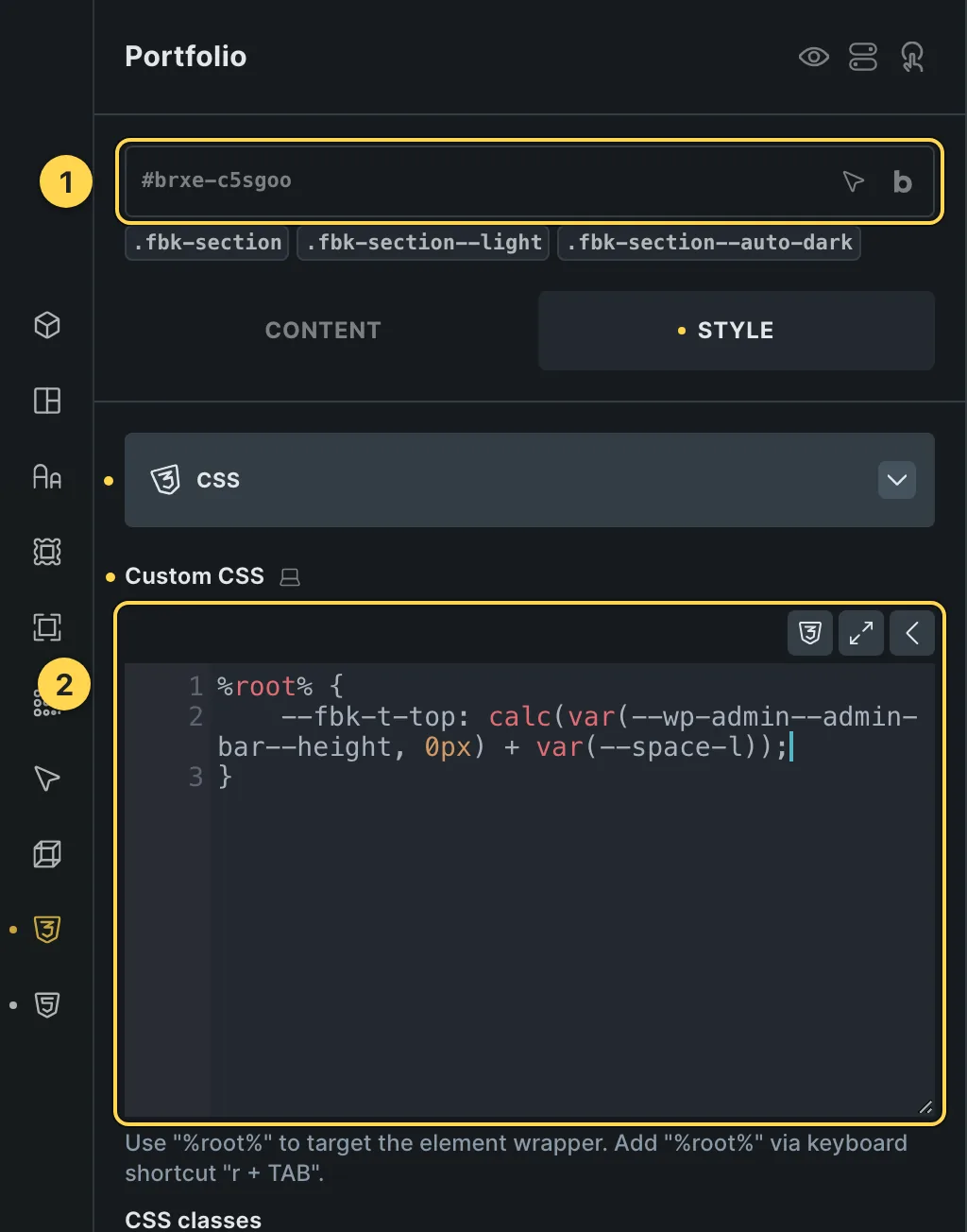 The Custom CSS field of this template's own element, with one of its variables as a real example.