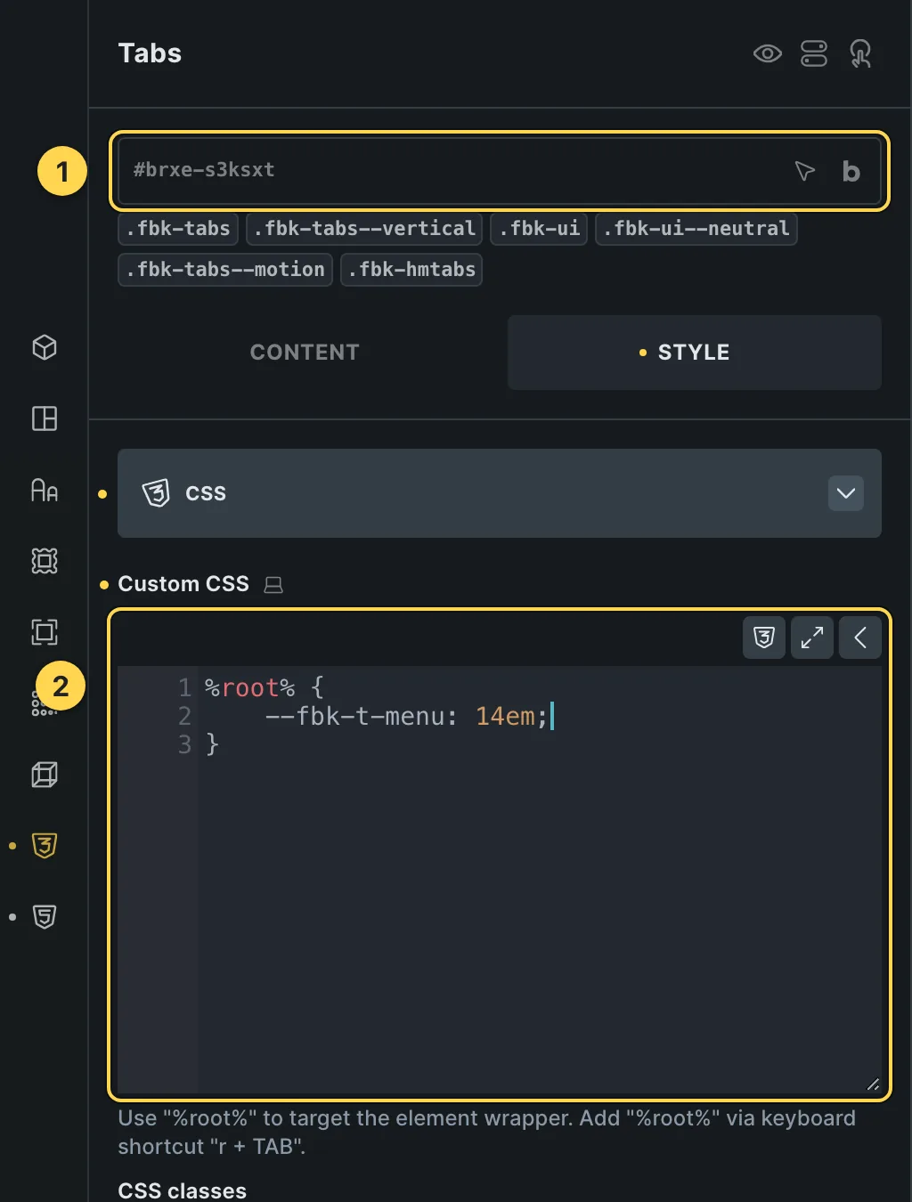 The Custom CSS field of this template's own element, with one of its variables as a real example.