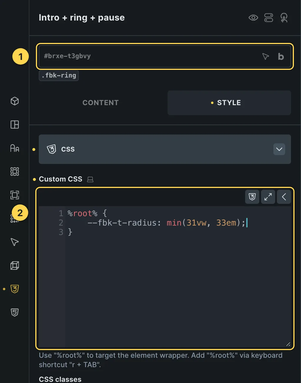 The Custom CSS field of this template's own element, with one of its variables as a real example.