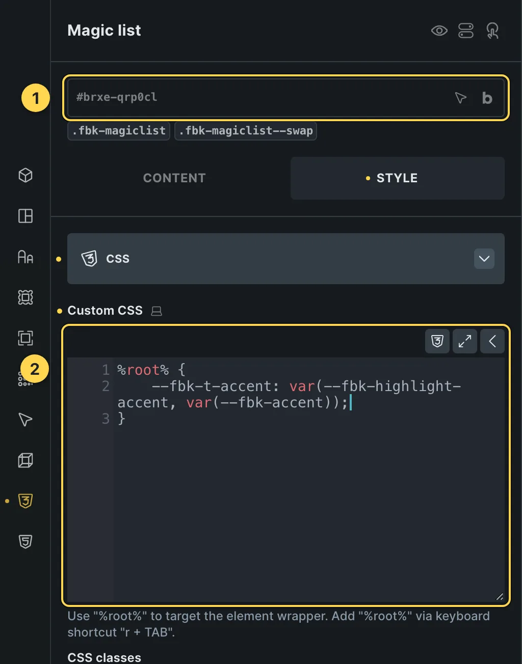 The Custom CSS field of this template's own element, with one of its variables as a real example.