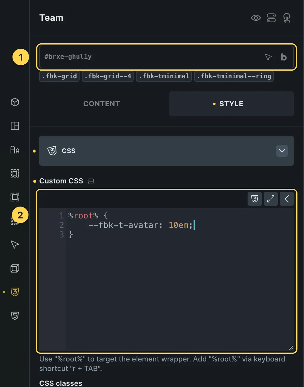 The Custom CSS field of this template's own element, with one of its variables as a real example.