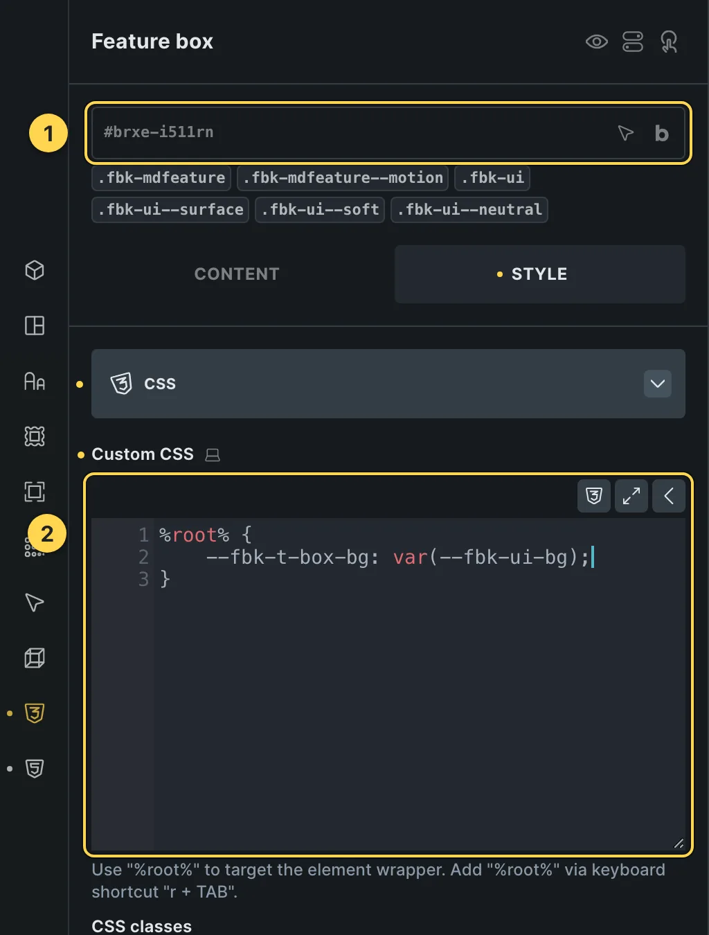 The Custom CSS field of this template's own element, with one of its variables as a real example.
