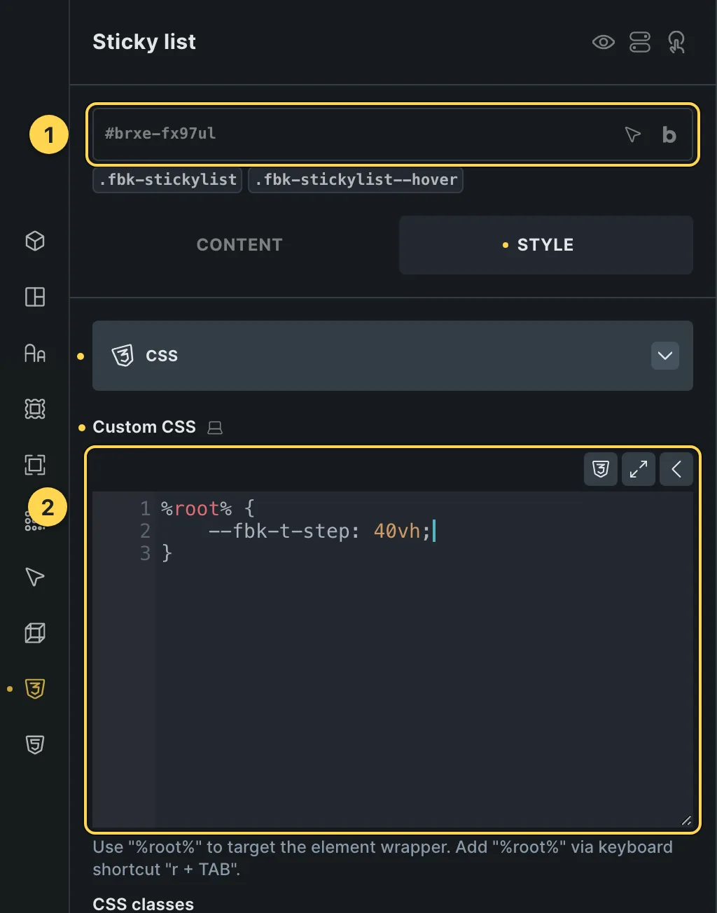 The Custom CSS field of this template's own element, with one of its variables as a real example.