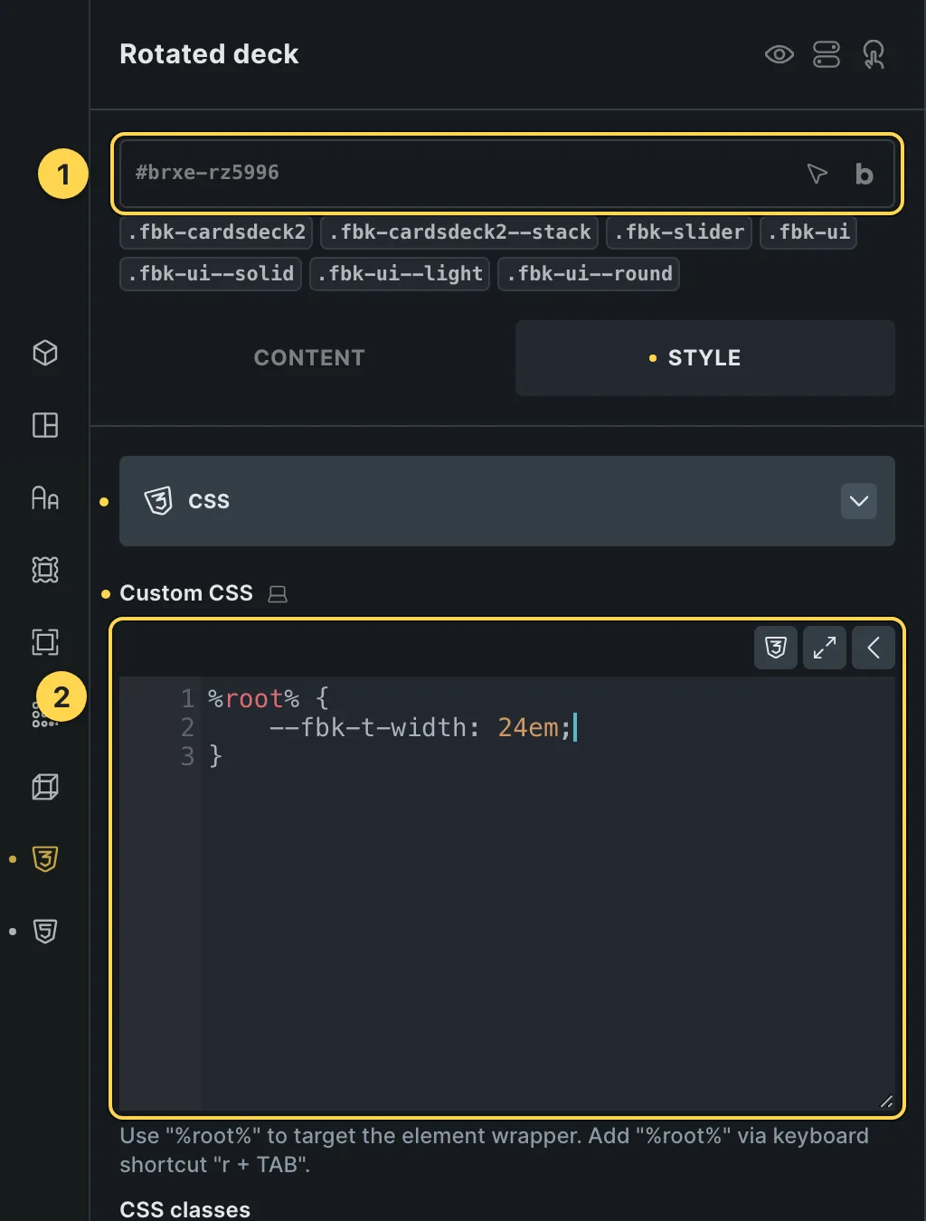 The Custom CSS field of this template's own element, with one of its variables as a real example.