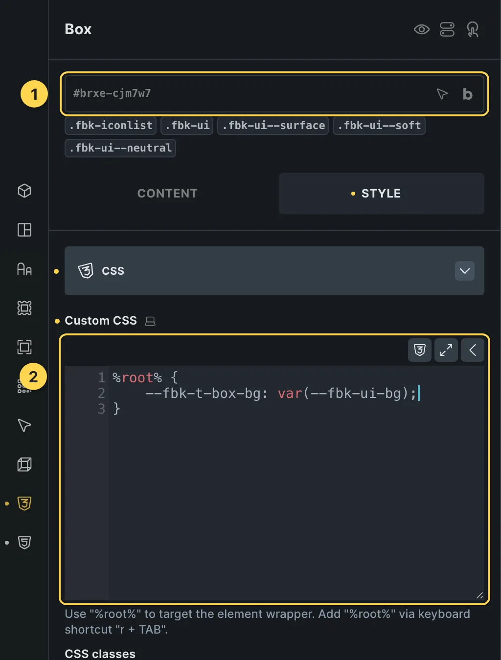 The Custom CSS field of this template's own element, with one of its variables as a real example.
