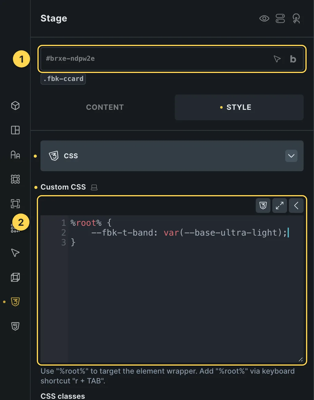 The Custom CSS field of this template's own element, with one of its variables as a real example.